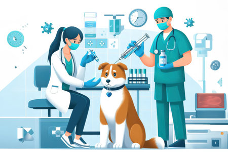 Doctors treat pets in the hospital and give them injections and pills to get better.の素材