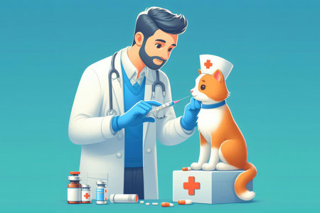Doctors treat pets in the hospital and give them injections and pills to get better.の素材