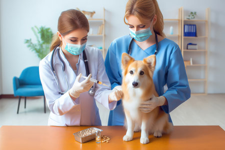Doctors treat pets in the hospital and give them injections and pills to get better.の素材