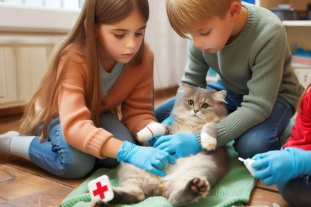 Little children treat pets in the room.の素材