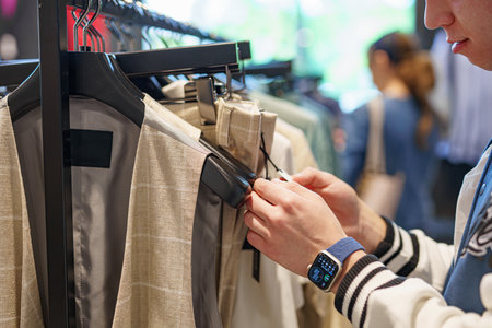 A man chooses a men's suit in a store in a shopping center and looks at the price tag.の写真素材