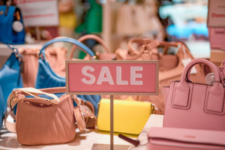 Discount and sale on leather women's fashion bags in the new collection store.の写真素材