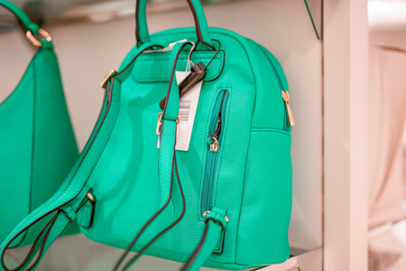 Fashionable green women's leather bags in the new collection store.の写真素材