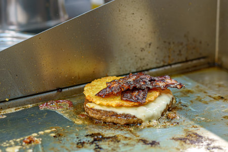 Cooking a bacon burger and cutlet with salad and cheese in a restaurant.の写真素材