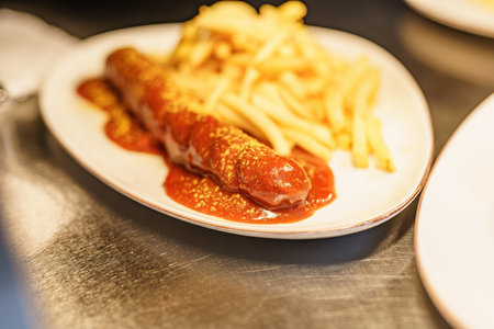 A dish of fried sausage and French fries in a fast food restaurant.の写真素材