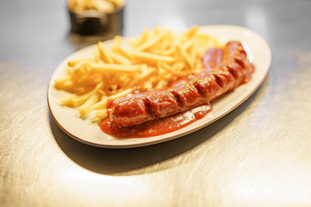 A dish of fried sausage and French fries in a fast food restaurant.の写真素材