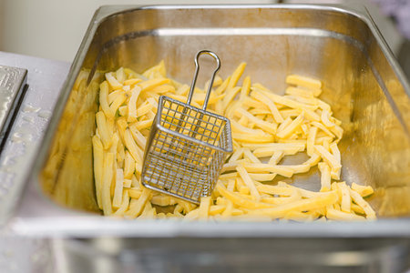 French fries raw before cooking at a fast food restaurant.