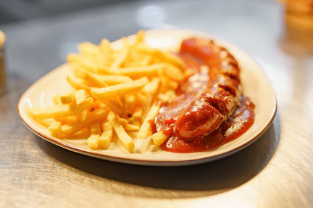 A dish of fried sausage and French fries in a fast food restaurant.の写真素材