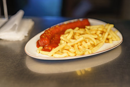 A dish of fried sausage and French fries in a fast food restaurant.の写真素材