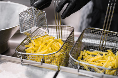 French fries raw before cooking at a fast food restaurant.の写真素材