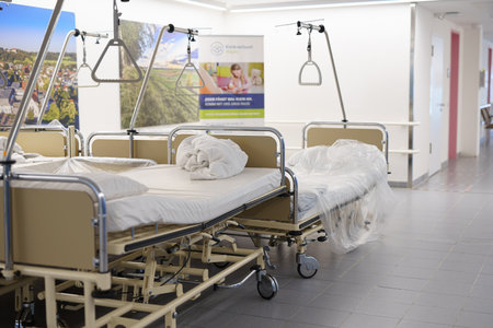 Transportable beds for sick and non-ambulatory patients in the hospital. Devices for transporting seriously ill and incapacitated people.の写真素材
