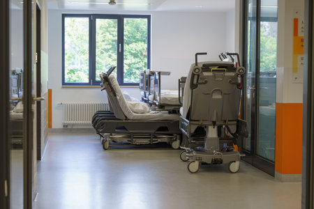 Transportable beds for sick and non-ambulatory patients in the hospital. Devices for transporting seriously ill and incapacitated people.の写真素材