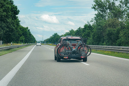 Bicycles on a car for transportation on the road.の写真素材