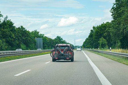 Bicycles on a car for transportation on the road.の写真素材