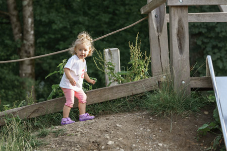 A little girl rides a metal slide in a park.の写真素材