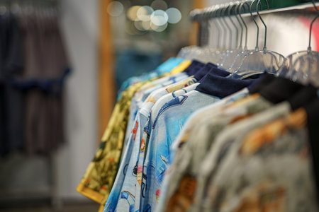 Sweaters and T-shirts of different colors on a hanger for sale in a shopping mall.の写真素材