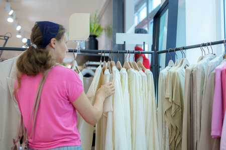 A woman in a clothing store chooses and looks at things.の写真素材