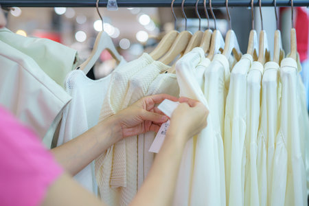 A girl looks at and chooses women's clothing in a clothing store.の写真素材