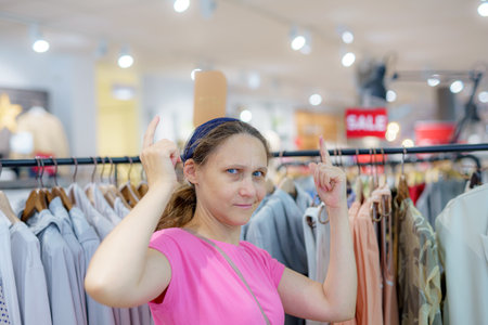 A woman in a clothing store is surprised by the prices.の写真素材
