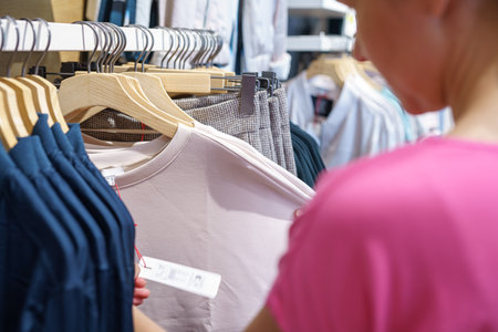 A girl looks at the price tag on women's clothes in a store.の写真素材