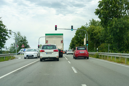 Cars on the motorway travel along a high-speed road.の写真素材