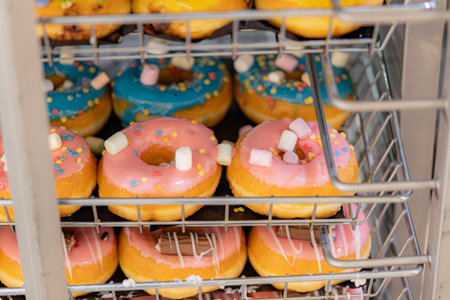 Sweet donuts of different colors on display in a shop.の写真素材