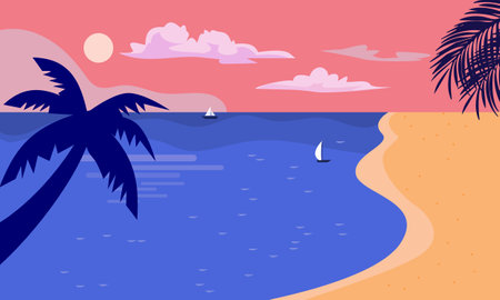 Illustration of a beach with palm trees and a sailboat at sunsetの写真素材