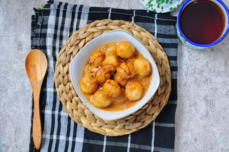 Cilok Bumbu Kacang, Aci Dicolok, Traditional Street Food from West Java, Made from Tapioca or Aci Flour. Cilok is a Round Shaped Ball with Peanut Saucの写真素材