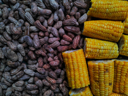 Cocoa beans and corn on the cob, close-upの写真素材