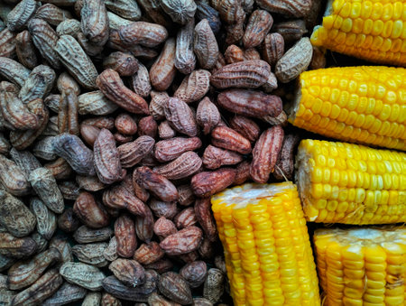 Close up of dried corn on the cob in the market, Thailand.の写真素材