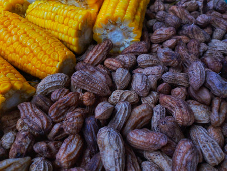 close up of dried corn and sweet corn for sale in the marketの写真素材