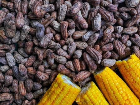 Close up of dried corn on the cob and sweet corn in the marketの写真素材