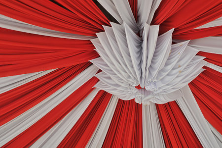 Red and white fabric tent. 3D illustration. Abstract background.の写真素材