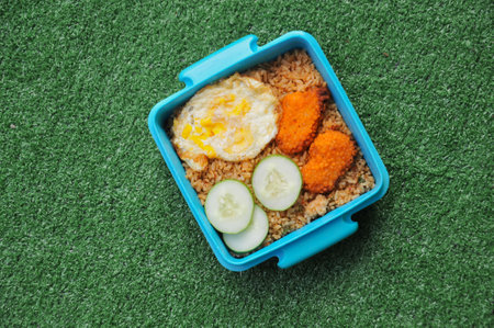 Fried rice with fried egg in lunch box on green grass backgroundの写真素材
