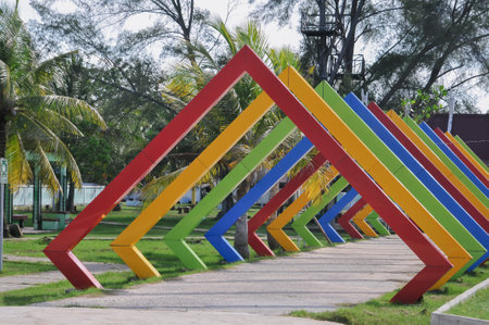 Colorful wooden arrow shape in the park,Thailand,Asiaの写真素材
