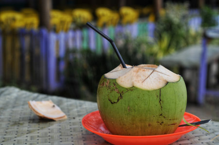 Coconut water drink on the table in the garden, Thailand.の写真素材
