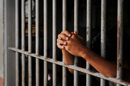 Close-up of an inmateâs hand holding prison bars in a dark cell. Concept of imprisonment, punishment, confinement, and criminal justice.の写真素材