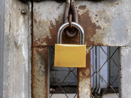 Padlock on a rusty metal door. Selective focus. Shallow depth of field.の写真素材