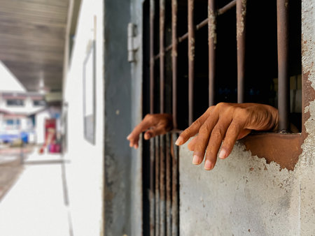 hand of a man behind the bars of an old prison in Thailandの写真素材