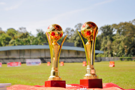 Soccer ball and trophy cup on the field with stadium background.