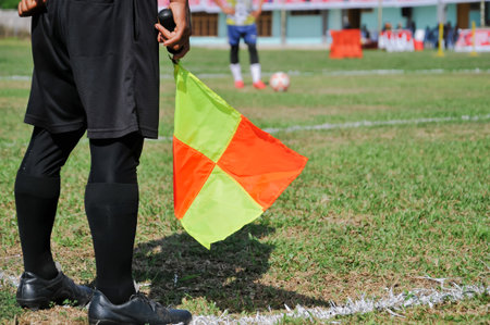Soccer player holding a flag on the field during the game.の写真素材