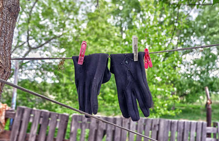 Washed clothes hang on a ropeの写真素材