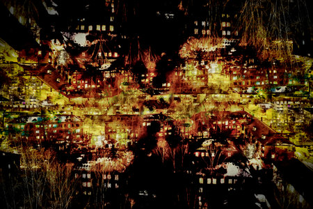 abstract cityscape with buildings and trees on a black background.の写真素材