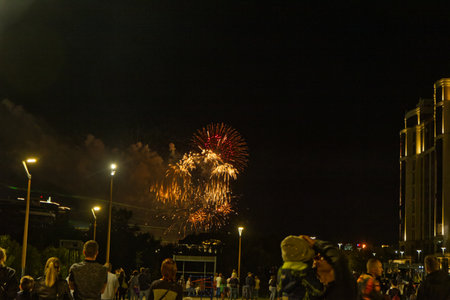 Fireworks in the city at night, close-up of photoの写真素材