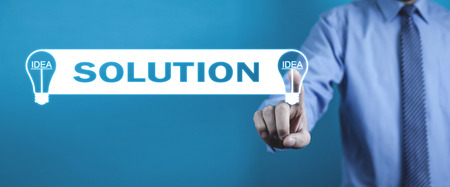 Man touching a light bulb. Concept of Idea and Business Solutionの写真素材