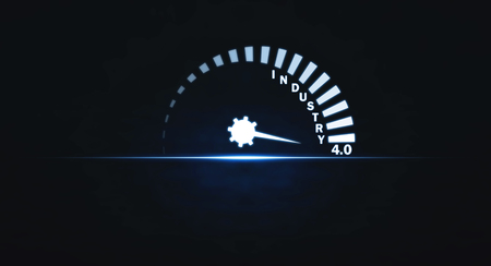 Industry 4.0 speedometer on blue light background.の写真素材