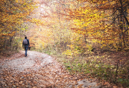 Nature photographer walking in the forest road.の写真素材