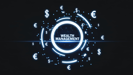 Wealth Management word with currency symbols on blue light.の写真素材