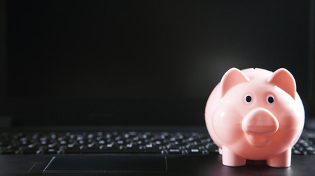 Piggy bank on laptop keyboard. Savings conceptの写真素材