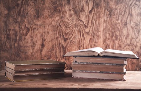 Books on wooden desk. Educationの写真素材
